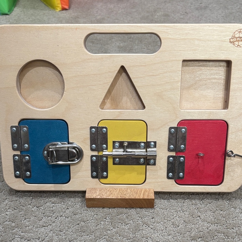 Interactive Wooden Activity Board for Kids - Blue, Yellow, Red